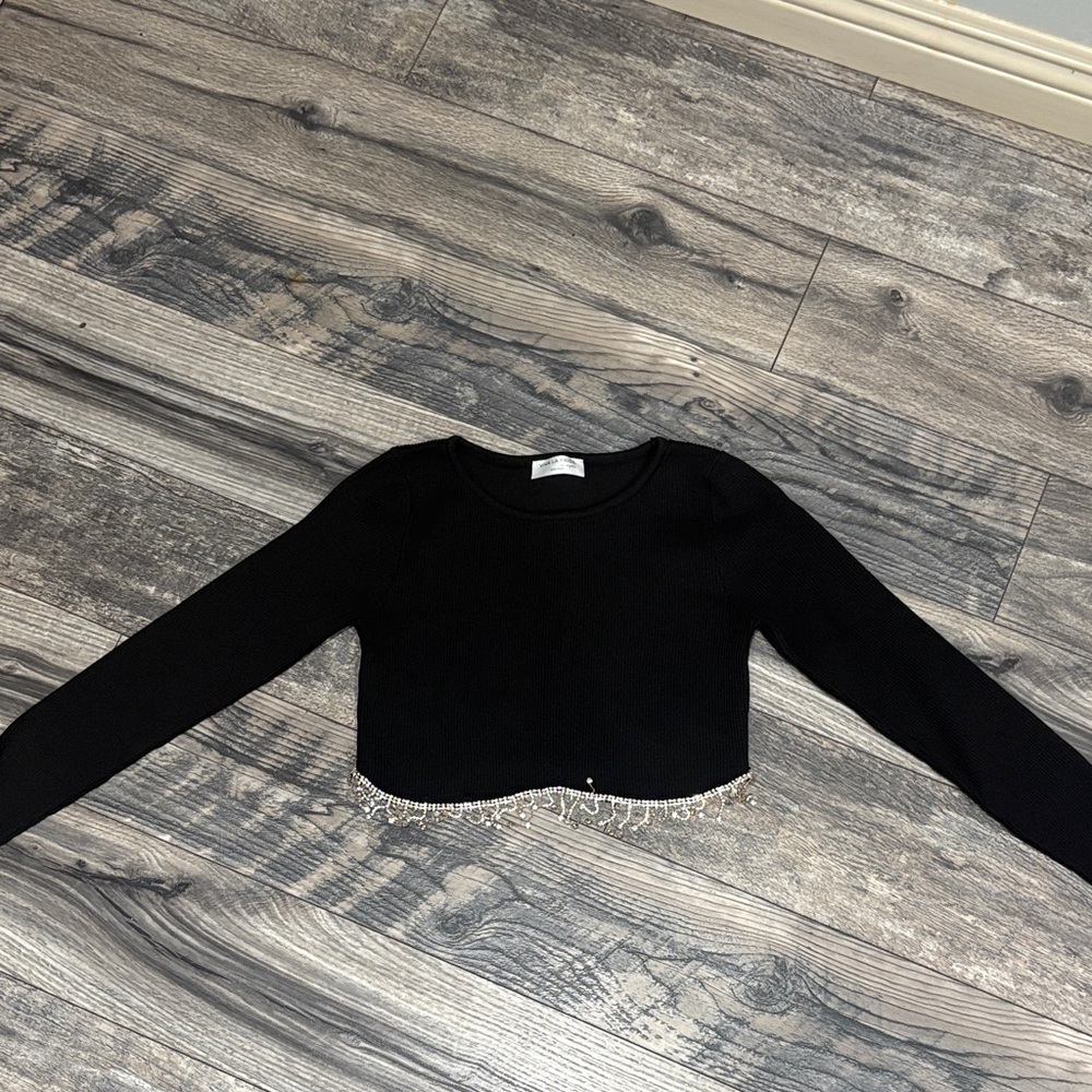 Black Cropped Sweater with Fringe beads